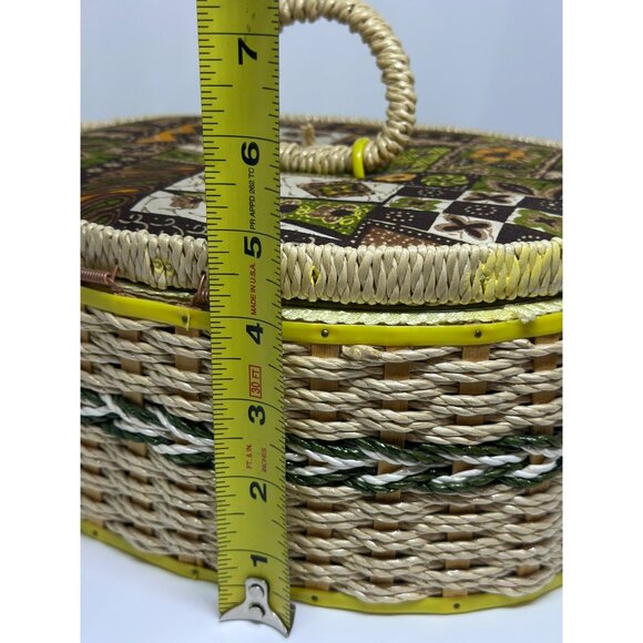 VTG Singer Woven Sewing Basket With Lid & Handle Patchwork Yellow Divided BOHO - Picture 10 of 10